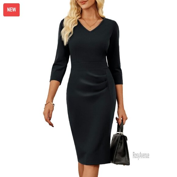 Dresses & Skirts - Professional Bodycon Dress 3/4 Sleeve V Neck Pencil Midi Office Wear